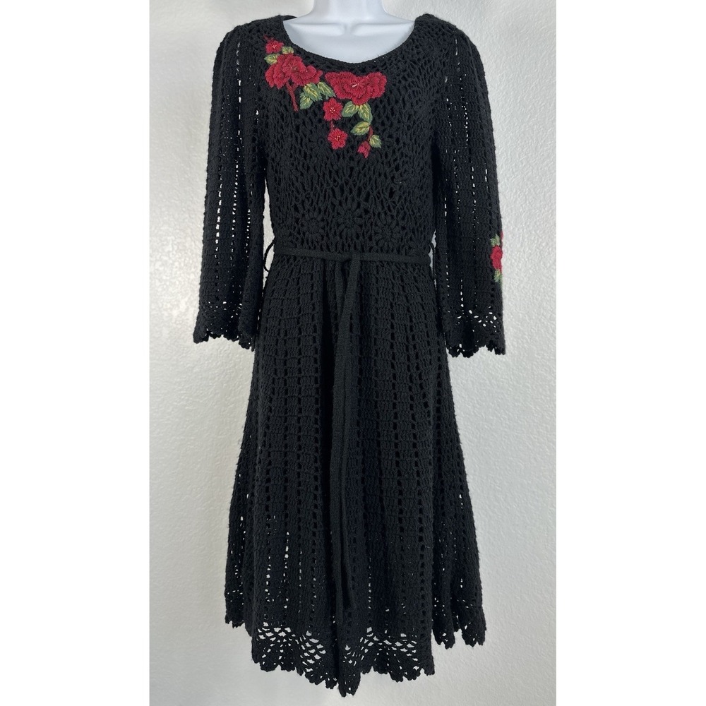 RARE VTG Y2K Rene Derhy Crochet Granny Square Embroidered Rose Dress, Sz: L
